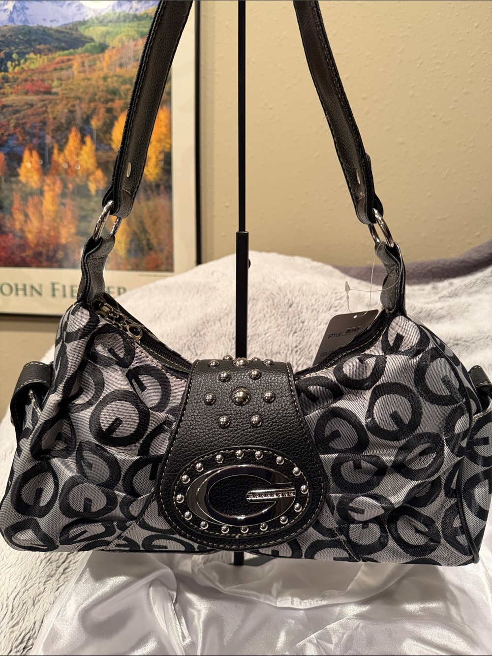 Black & Gray Logo Studded Shoulder Bag